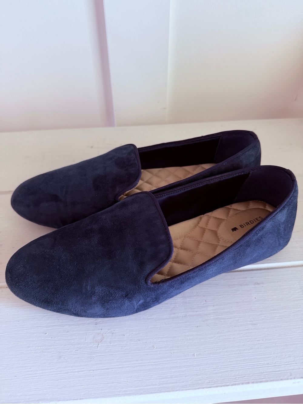 Birdies The Starling Loafers Wms 9.5 Navy Blue Suede Quilted Comfort Flats EUC